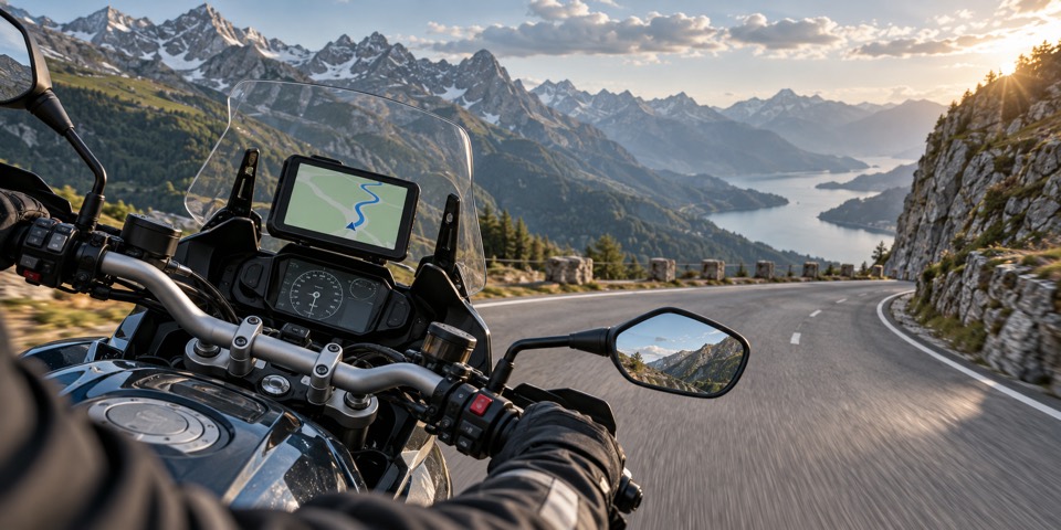 Motociclista circulando por un paisaje monta&ntilde;oso